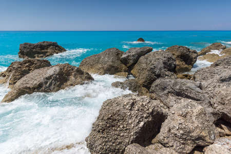 Amazing seascape of blue waters of Megali Petra Beach, Lefkada, Ionian Islands, Greeceの写真素材
