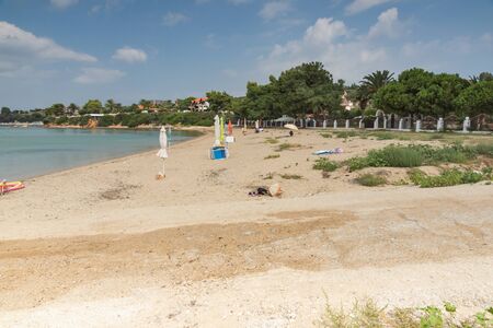CHALKIDIKI, CENTRAL MACEDONIA, GREECE - AUGUST 25, 2014: Panoramic view of Castri Beach at Sithonia peninsula, Chalkidiki, Central Macedonia, Greeceのeditorial素材