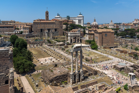ROME, ITALY - JUNE 24, 2017: Panoramic view from Palatine Hill to ruins of Roman Forum in city of Rome, Italyのeditorial素材