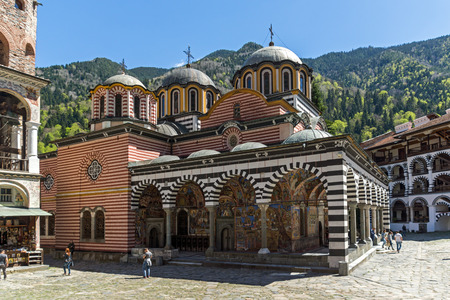RILA MONASTERY, BULGARIA - APRIL 21, 2018: Tourist visiting Monastery of Saint Ivan (John) of Rila...