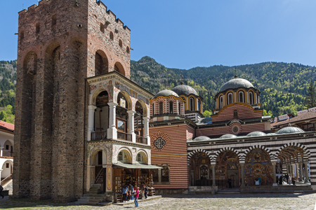 RILA MONASTERY, BULGARIA - APRIL 21, 2018: Tourist visiting Monastery of Saint Ivan (John) of Rila (Rila Monastery), Kyustendil Region, Bulgariaのeditorial素材