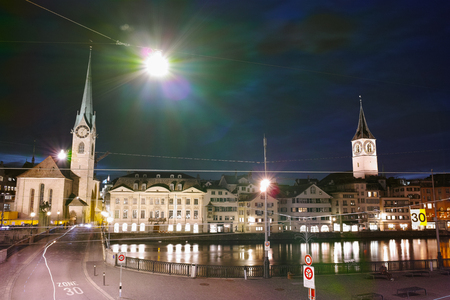 ZURICH, SWITZERLAND -OCTOBER 28, 2015: Amazing Night photo of Zurich and Limmat River, Switzerlandのeditorial素材