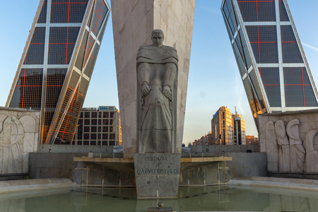 MADRID, SPAIN - JANUARY 23, 2018:  Sunrise view of Gate of Europe (KIO Towers) and Monument to Jose Calvo Sotelo at Paseo de la Castellana street in City of Madrid, Spainのeditorial素材