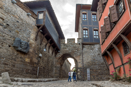 PLOVDIV, BULGARIA - MAY 24, 2018: Night photo of Hisar Kapia - Ancient gate in Plovdiv old town, Bulgariaのeditorial素材