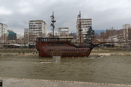 SKOPJE, REPUBLIC OF MACEDONIA - FEBRUARY 24, 2018: River Vardar passing through City of Skopje center, Republic of Macedoniaのeditorial素材