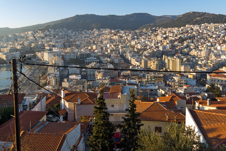 KAVALA, GREECE - DECEMBER 27, 2015: Sunset view of Ruins of fortress and Panorama to Kavala, East Macedonia and Thrace, Greeceのeditorial素材
