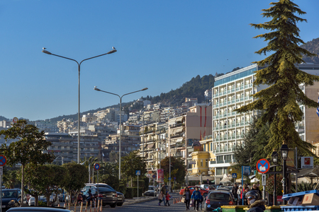 KAVALA, GREECE - DECEMBER 27, 2015: Panoramic view of embankment of city of Kavala, East Macedonia and Thrace, Greeceのeditorial素材