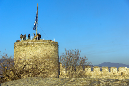 KAVALA, GREECE - DECEMBER 27, 2015:  Tower of the Byzantine fortress in Kavala, East Macedonia and Thrace, Greeceのeditorial素材