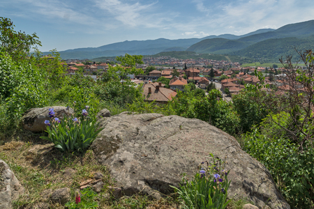 PESHTERA, BULGARIA - MAY 5, 2018: Panoramic view of town of Peshtera From The Peristera fortress, Pazardzhik Region, Bulgariaのeditorial素材