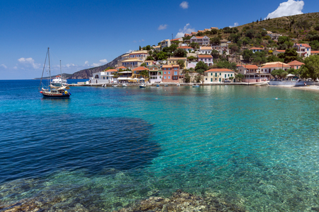 ASOS, KEFALONIA, GREECE - MAY 25, 2015: Amazing Seascape of beach of Assos village and beautiful sea bay, Kefalonia, Ionian islands, Greeceのeditorial素材