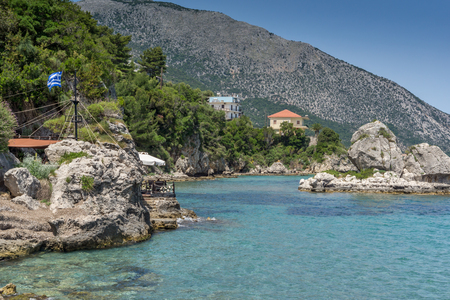 LEFKES, KEFALONIA, GREECE - MAY 26, 2015: Panoramic view of Lefkes town, Kefalonia, Ionian islands, Greeceのeditorial素材