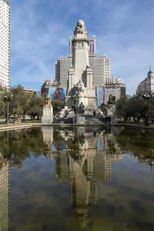 MADRID, SPAIN - JANUARY 23, 2018:   Monument to Cervantes and Don Quixote and Sancho Panza at Spain Square in City of Madrid, Spainのeditorial素材