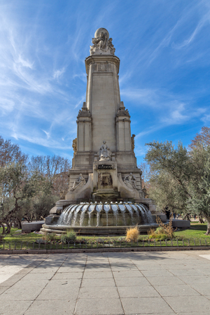 MADRID, SPAIN - JANUARY 23, 2018:   Monument to Cervantes and Don Quixote and Sancho Panza at Spain Square in City of Madrid, Spainのeditorial素材