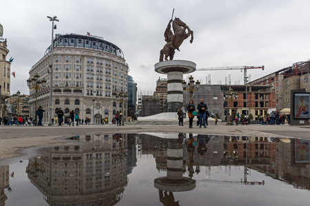 SKOPJE, REPUBLIC OF MACEDONIA - FEBRUARY 24, 2018:  Skopje City Center and Alexander the Great Monument, Macedoniaのeditorial素材