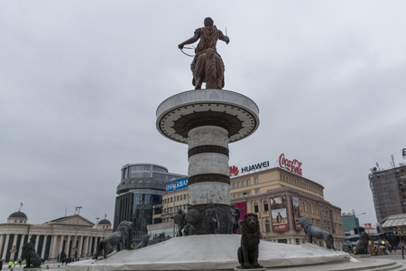 SKOPJE, REPUBLIC OF MACEDONIA - FEBRUARY 24, 2018:  Skopje City Center and Alexander the Great Monument, Macedoniaのeditorial素材