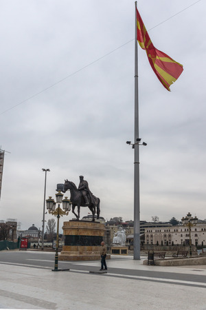SKOPJE, REPUBLIC OF MACEDONIA - FEBRUARY 24, 2018:  Skopje City Center and Dame Gruev Monument, Macedoniaのeditorial素材