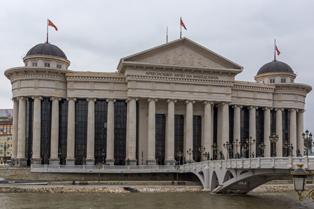 SKOPJE, REPUBLIC OF MACEDONIA - FEBRUARY 24, 2018:  The Bridge of Civilizations and Archaeological Museum, Republic of Macedoniaのeditorial素材