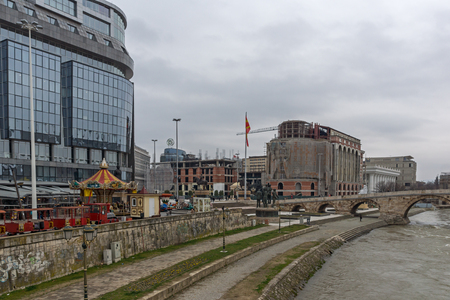 SKOPJE, REPUBLIC OF MACEDONIA - FEBRUARY 24, 2018:  Skopje City Center, Old Stone Bridge and Vardar River, Republic of Macedoniaのeditorial素材