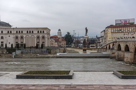 SKOPJE, REPUBLIC OF MACEDONIA - FEBRUARY 24, 2018:  Art Bridge and Vardar River  in city of  Skopje, Republic of Macedoniaのeditorial素材