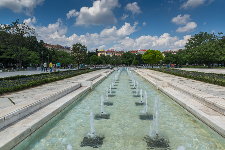 SOFIA, BULGARIA -MAY 20, 2018: Fountains in front of  National Palace of Culture in Sofia, Bulgariaのeditorial素材