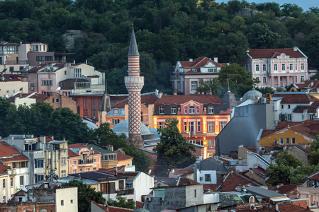 PLOVDIV, BULGARIA - MAY 24, 2018: Night Panoramic cityscape of Plovdiv city from Nebet Tepe hill, Bulgariaのeditorial素材