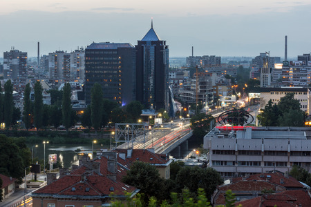 PLOVDIV, BULGARIA - MAY 24, 2018: Night Panoramic cityscape of Plovdiv city from Nebet Tepe hill, Bulgariaのeditorial素材
