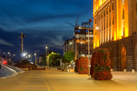 SOFIA, BULGARIA - JULY 21, 2017: Night photo of Independence Square and Hagia Sophia monument in city of Sofia, Bulgariaのeditorial素材