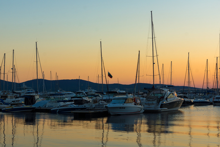 SOZOPOL, BULGARIA - JULY 11, 2016: Sunset at the port of Sozopol, Burgas Region, Bulgariaのeditorial素材