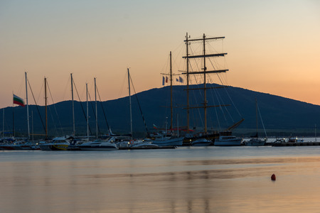 SOZOPOL, BULGARIA - JULY 11, 2016: Sunset at the port of Sozopol, Burgas Region, Bulgaria