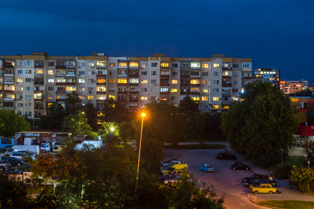 PLOVDIV, BULGARIA - AUGUST 3, 2018: Night Photo of Typical residential building from the communist period in city of Plovdiv, Bulgariaのeditorial素材
