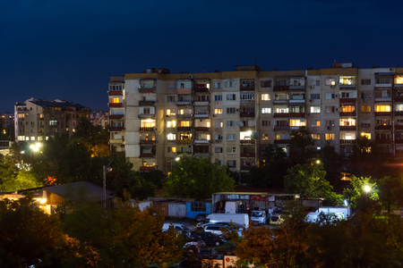 PLOVDIV, BULGARIA - AUGUST 3, 2018: Night Photo of Typical residential building from the communist period in city of Plovdiv, Bulgariaのeditorial素材