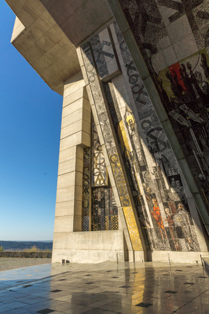SHUMEN, BULGARIA - APRIL 10, 2017:   Sunset view of Founders of the Bulgarian State Monument near Town of Shumen, Bulgariaのeditorial素材