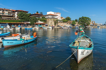 NESSEBAR, BULGARIA - AUGUST 12, 2018: Panorama of Port and old town of Nessebar, Burgas Region, Bulgariaのeditorial素材
