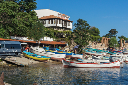 NESSEBAR, BULGARIA - AUGUST 12, 2018: Panorama of Port and old town of Nessebar, Burgas Region, Bulgariaのeditorial素材