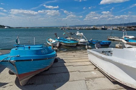 NESSEBAR, BULGARIA - AUGUST 12, 2018: Panorama with fishing boat at The Port of Nessebar, Burgas Region, Bulgariaのeditorial素材