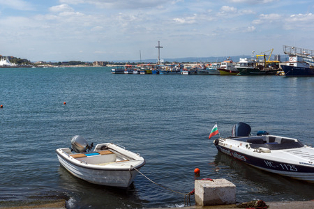 NESSEBAR, BULGARIA - AUGUST 12, 2018: Panorama with fishing boat at The Port of Nessebar, Burgas Region, Bulgariaのeditorial素材