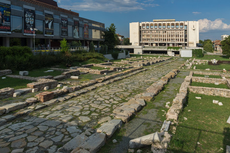 STARA ZAGORA, BULGARIA - AUGUST 5, 2018: Regional Library, State Opera and Ruins of Ancient Augusta Traiana  in the center of city of Stara Zagora, Bulgariaのeditorial素材