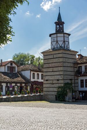 TRYAVNA, BULGARIA - JULY 6, 2018: Medieval clock Tower at the Center of historical town of Tryavna, Gabrovo region, Bulgariaのeditorial素材