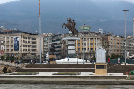 SKOPJE, REPUBLIC OF MACEDONIA - FEBRUARY 24, 2018:  Skopje City Center and Alexander the Great Monument, Macedoniaのeditorial素材