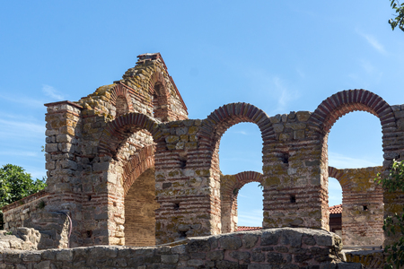 NESSEBAR, BULGARIA - AUGUST 12, 2018: Ruins of Ancient Church of Saint Sophia in the town of Nessebar, Burgas Region, Bulgariaのeditorial素材