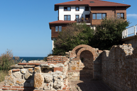 NESSEBAR, BULGARIA - AUGUST 12, 2018: Ruins of Ancient Church of the Holy Mother Eleusa in the town of Nessebar, Burgas Region, Bulgariaのeditorial素材