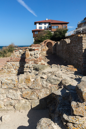 NESSEBAR, BULGARIA - AUGUST 12, 2018: Ruins of Ancient Church of the Holy Mother Eleusa in the town of Nessebar, Burgas Region, Bulgariaのeditorial素材