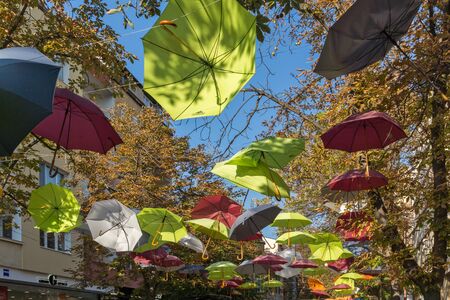 BLAGOEVGRAD, BULGARIA - OCTOBER 6, 2018: The Center and Pedestrian street covered with Umbrellas in town of Blagoevgrad, Bulgariaのeditorial素材