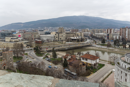 SKOPJE, REPUBLIC OF MACEDONIA - FEBRUARY 24, 2018: Panorama to city of Skopje from fortress (Kale fortress) in the Old Town, Republic of Macedoniaのeditorial素材