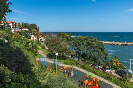 NESSEBAR, BULGARIA - AUGUST 12, 2018: Typical Street and houses in old town of Nessebar, Burgas Region, Bulgariaのeditorial素材