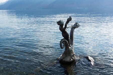 VEVEY, SWITZERLAND - OCTOBER 29, 2015 : Lake Geneva and Embankment of town of Vevey, canton of Vaud, Switzerlandのeditorial素材