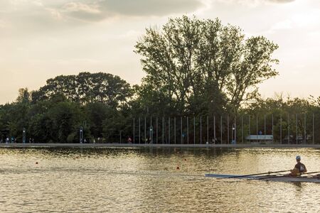 PLOVDIV, BULGARIA -JULY 5, 2018: Sunset Panorama of Rowing Venue in city of Plovdiv, Bulgariaのeditorial素材
