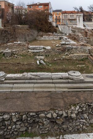PLOVDIV, BULGARIA - DECEMBER 30, 2016:  Panorama of Ruins of Roman Odeon in city of Plovdiv, Bulgariaのeditorial素材