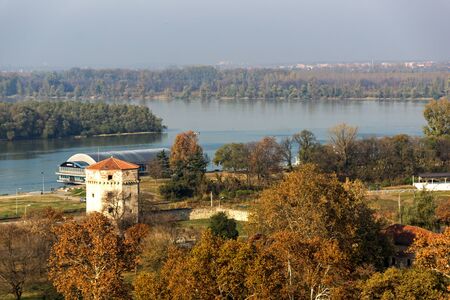 BELGRADE, SERBIA - NOVEMBER 10, 2018: Panoramic sunset view of Belgrade Fortress, Kalemegdan Park, Sava and Danube Rivers in city of Belgrade, Serbiaのeditorial素材