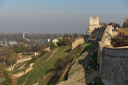 BELGRADE, SERBIA - NOVEMBER 10, 2018: Panoramic sunset view of Belgrade Fortress, Kalemegdan Park, Sava and Danube Rivers in city of Belgrade, Serbiaのeditorial素材
